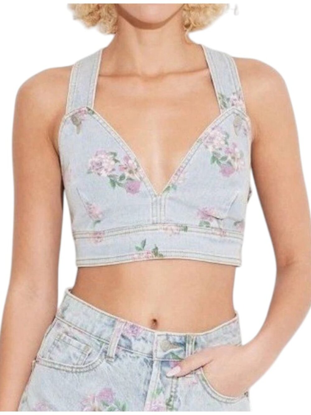 Wild Fable Floral Denim Crop Top Women's Size M